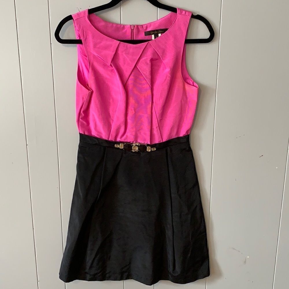 Single Dress Silk Fuchsia & Black Dress with Embellished Waist Size 2
